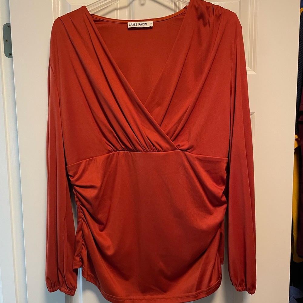 Grace Karin Orange Red Wrap Blouse with Long Sleeves
